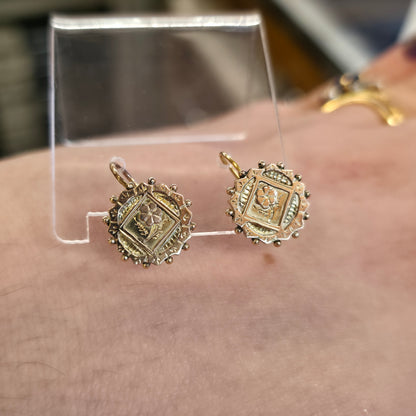 9ct Yellow Gold Antique Floral Engraved Patterned Round Panel Drop Earrings