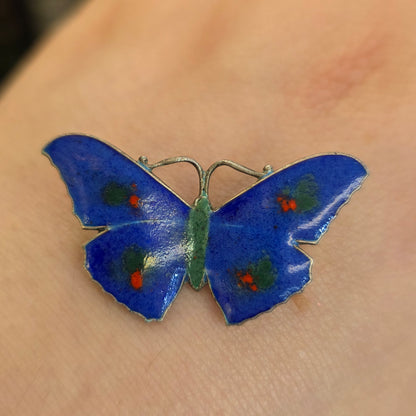 Sterling Silver Antique JA&S Blue, Red And Green Enamel Butterfly Brooch 1918
