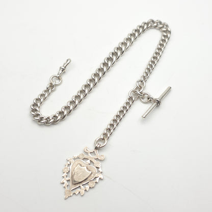 Sterling Silver Antique Albert Chain With T-Bar, Swivel Clasp And Shield Fob