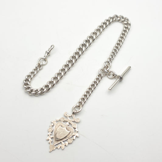 Sterling Silver Antique Albert Chain With T-Bar, Swivel Clasp And Shield Fob