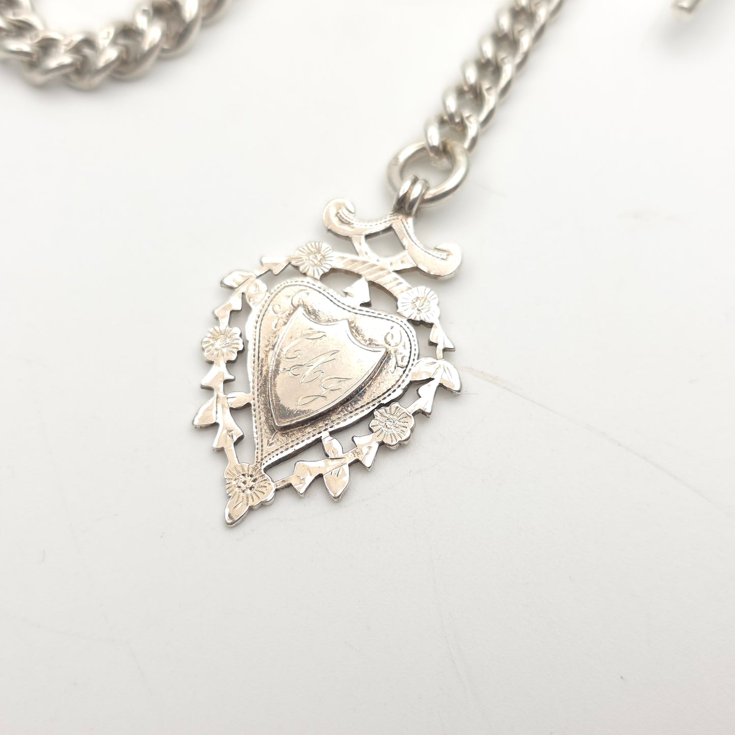 Sterling Silver Antique Albert Chain With T-Bar, Swivel Clasp And Shield Fob