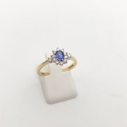 9ct Yellow Gold Vintage Bright Blue Sapphire And Diamond Cluster Ring