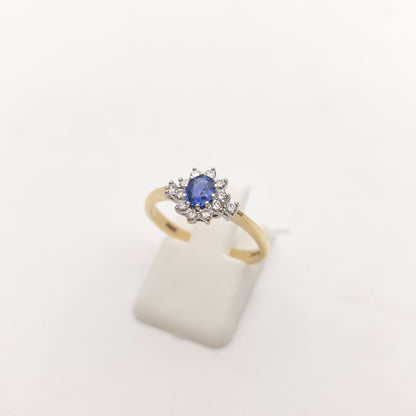 9ct Yellow Gold Vintage Bright Blue Sapphire And Diamond Cluster Ring