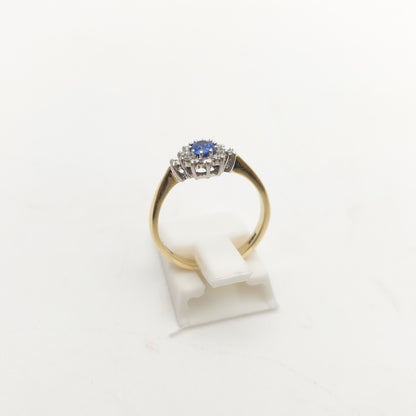 9ct Yellow Gold Vintage Bright Blue Sapphire And Diamond Cluster Ring