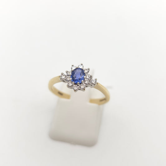 9ct Yellow Gold Vintage Bright Blue Sapphire And Diamond Cluster Ring
