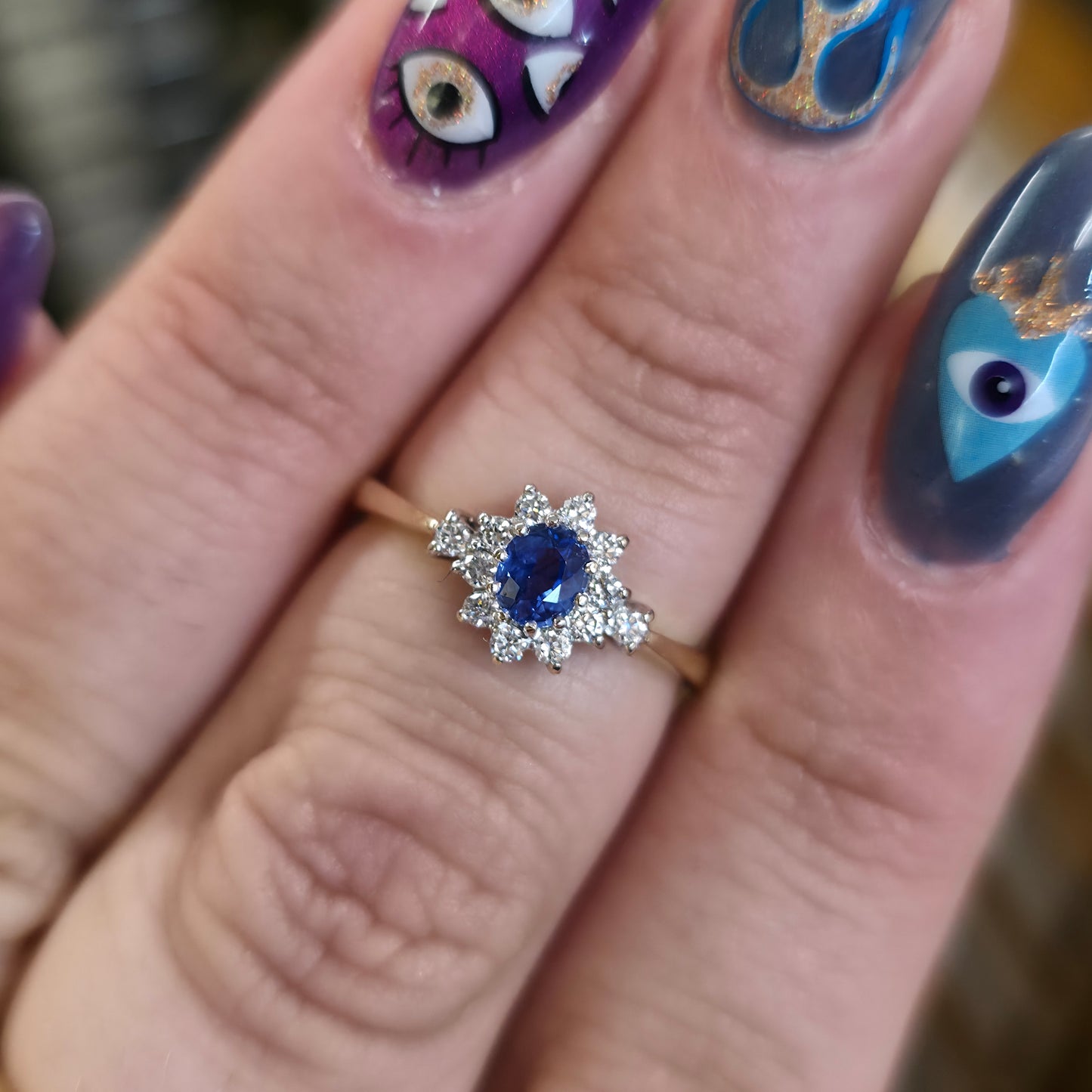 9ct Yellow Gold Vintage Bright Blue Sapphire And Diamond Cluster Ring