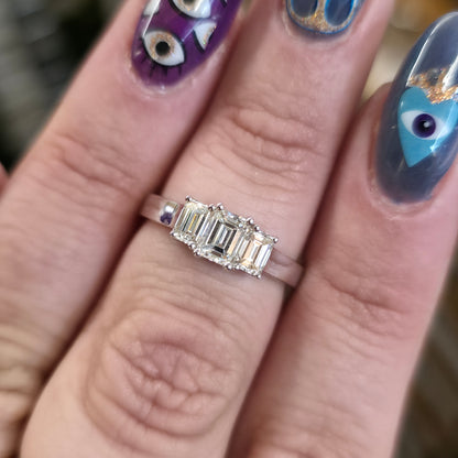 18ct White Gold 1.03TCW Emerald Cut Diamond Three Stone Trilogy Ring
