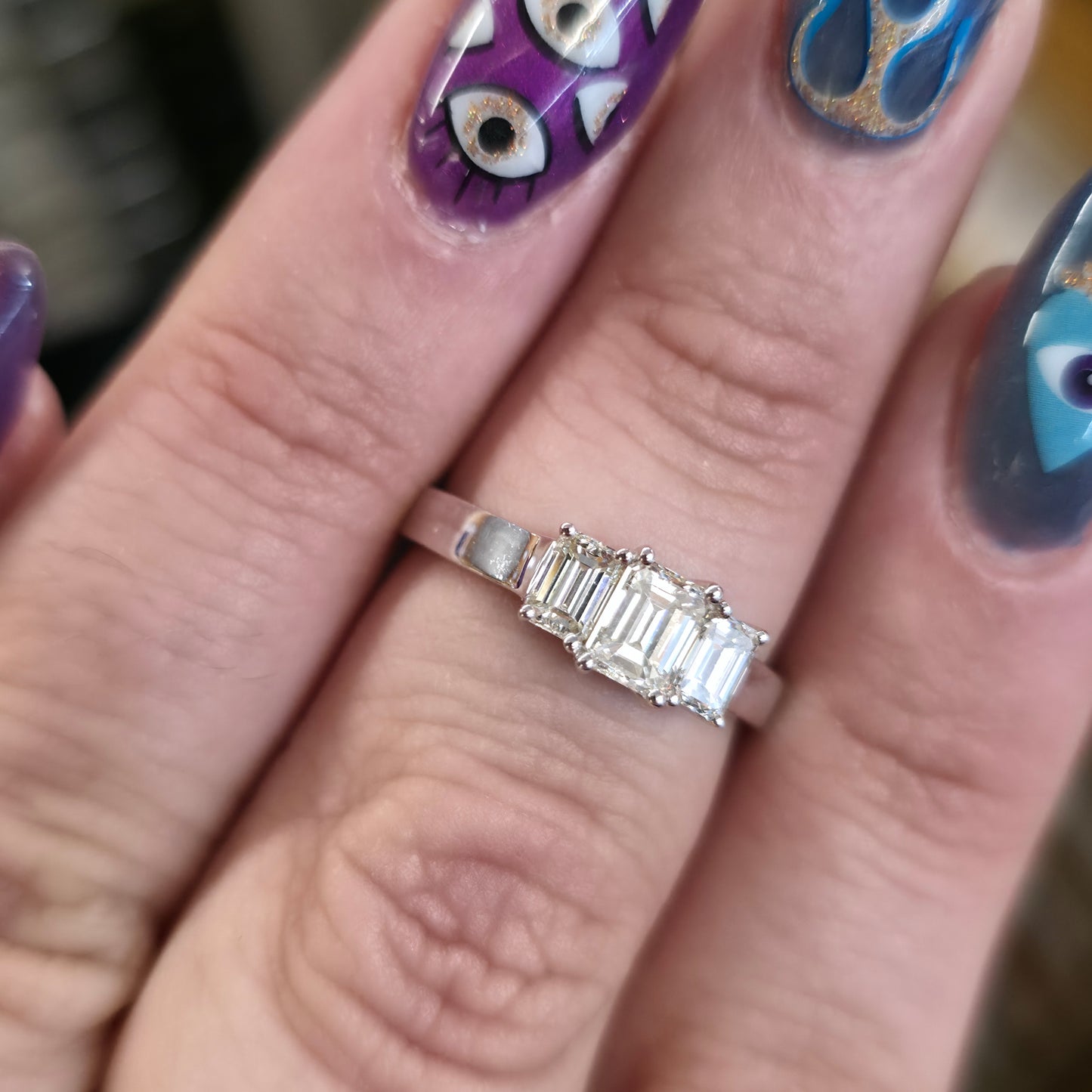 18ct White Gold 1.03TCW Emerald Cut Diamond Three Stone Trilogy Ring