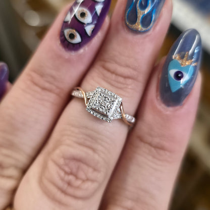 Sterling Silver And Rose Gold Illusion Set Square Head Diamond Set Ring