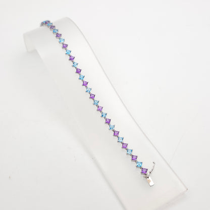9ct White Gold Princess Cut Blue Topaz And Amethyst Tennis Stone Set Bracelet