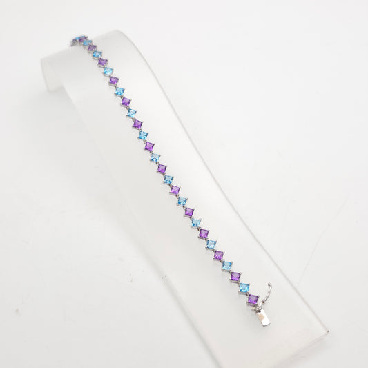 9ct White Gold Princess Cut Blue Topaz And Amethyst Tennis Stone Set Bracelet