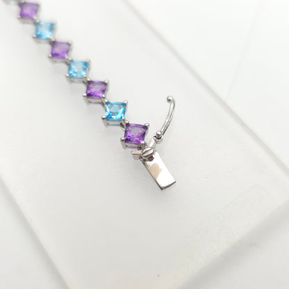 9ct White Gold Princess Cut Blue Topaz And Amethyst Tennis Stone Set Bracelet