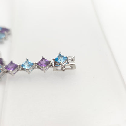 9ct White Gold Princess Cut Blue Topaz And Amethyst Tennis Stone Set Bracelet