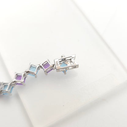 9ct White Gold Princess Cut Blue Topaz And Amethyst Tennis Stone Set Bracelet