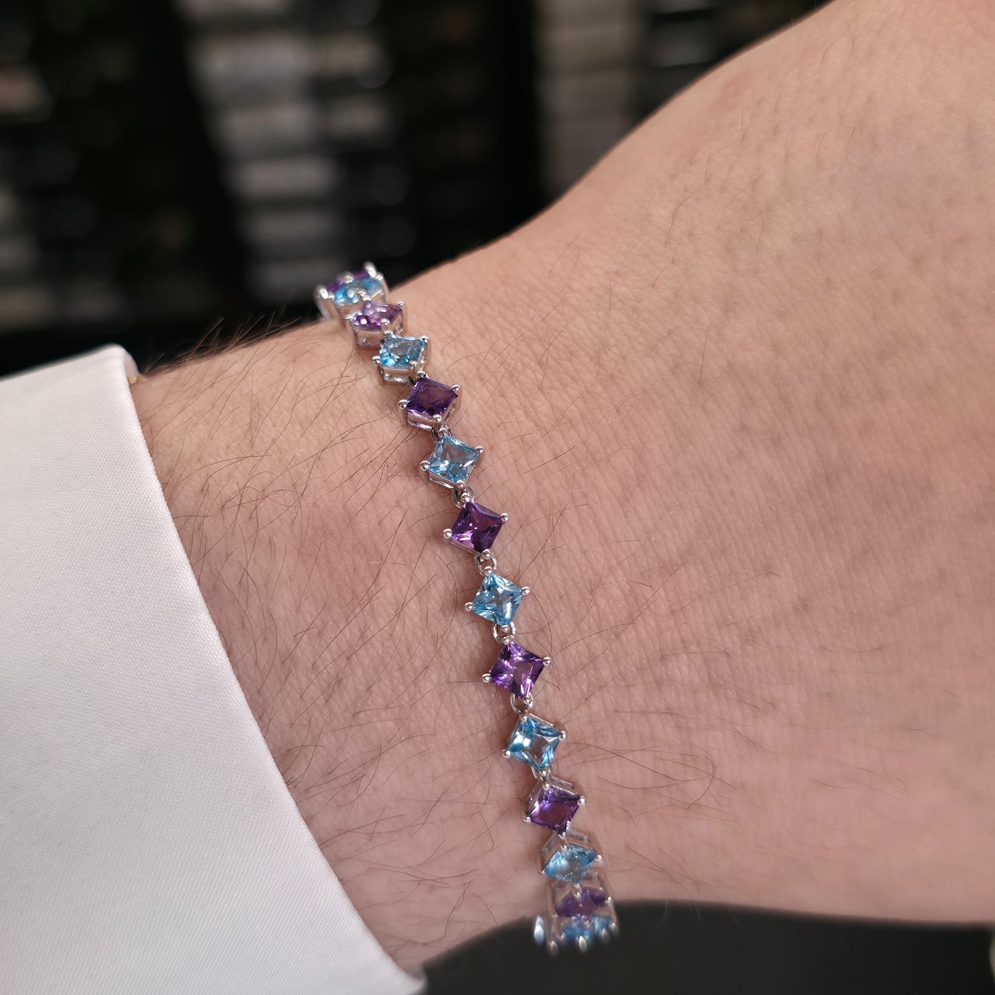 9ct White Gold Princess Cut Blue Topaz And Amethyst Tennis Stone Set Bracelet