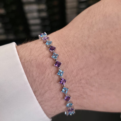 9ct White Gold Princess Cut Blue Topaz And Amethyst Tennis Stone Set Bracelet