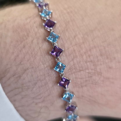 9ct White Gold Princess Cut Blue Topaz And Amethyst Tennis Stone Set Bracelet