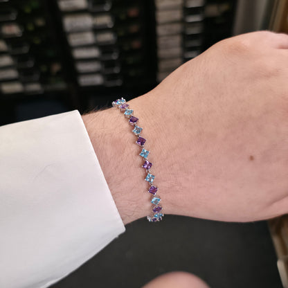 9ct White Gold Princess Cut Blue Topaz And Amethyst Tennis Stone Set Bracelet
