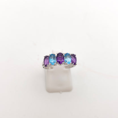 9ct White Gold Oval Cut Blue Topaz And Amethyst Half Eternity Row Ring