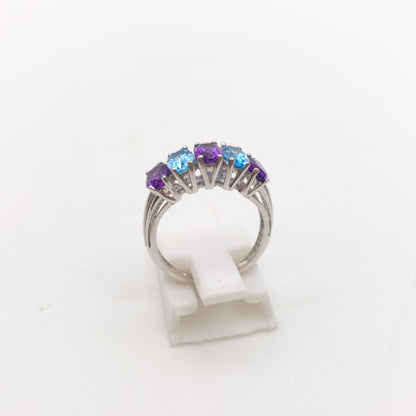9ct White Gold Oval Cut Blue Topaz And Amethyst Half Eternity Row Ring