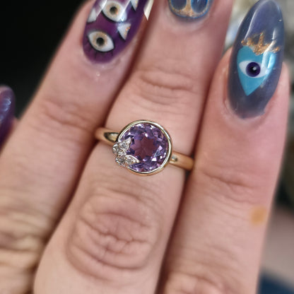 9ct Yellow Gold Vintage Amethyst And Diamond Butterfly Solitaire Ring