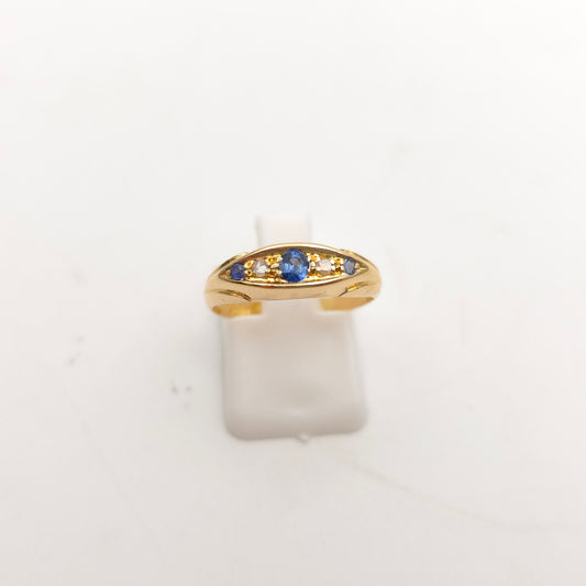18ct Yellow Gold Antique Sapphire And Diamond Boat Style Row Ring