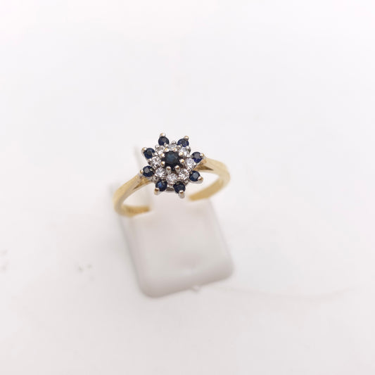9ct Yellow Gold Sapphire And White Stone Small Round Cluster Ring
