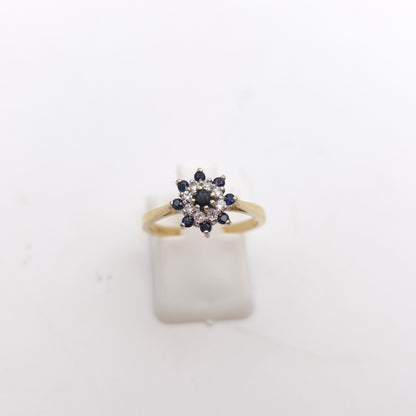 9ct Yellow Gold Sapphire And White Stone Small Round Cluster Ring