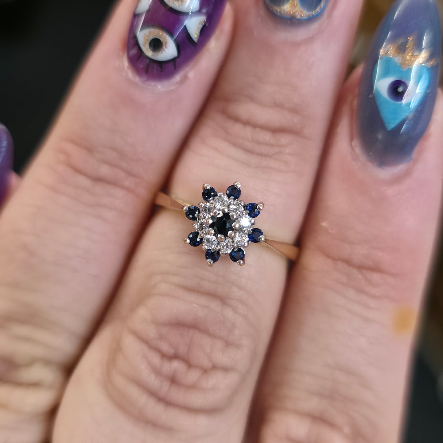 9ct Yellow Gold Sapphire And White Stone Small Round Cluster Ring