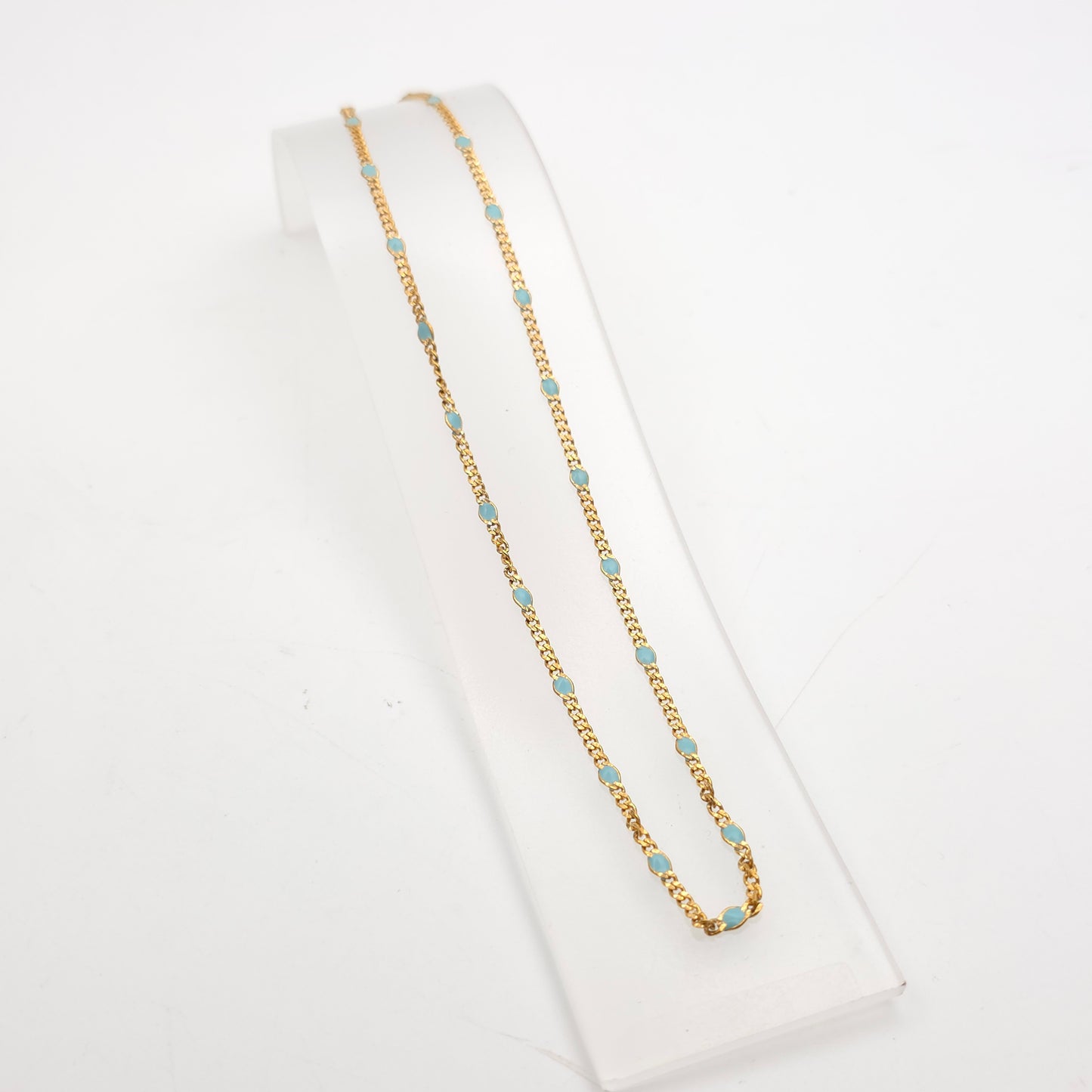 9ct Yellow Gold Vintage Turquoise Blue Enamel Filled Figaro Link Chain 16"
