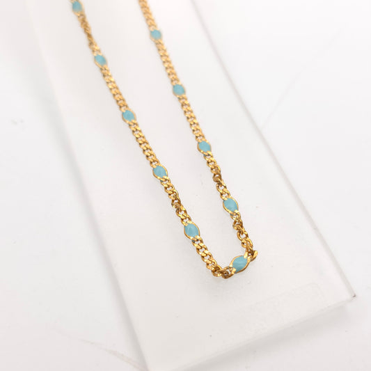 9ct Yellow Gold Vintage Turquoise Blue Enamel Filled Figaro Link Chain 16"