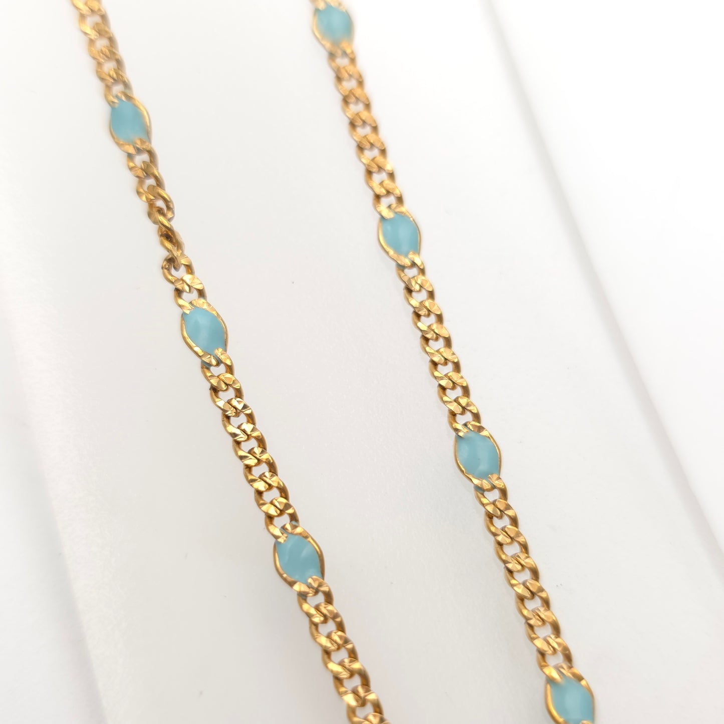 9ct Yellow Gold Vintage Turquoise Blue Enamel Filled Figaro Link Chain 16"