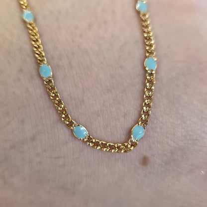 9ct Yellow Gold Vintage Turquoise Blue Enamel Filled Figaro Link Chain 16"