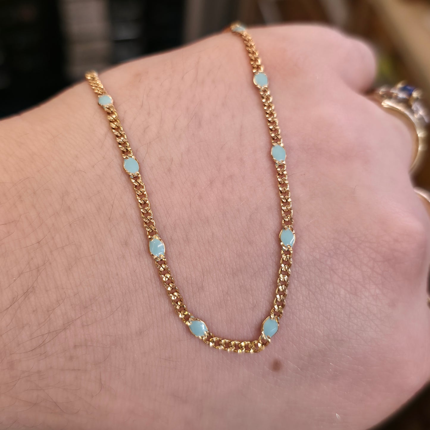 9ct Yellow Gold Vintage Turquoise Blue Enamel Filled Figaro Link Chain 16"