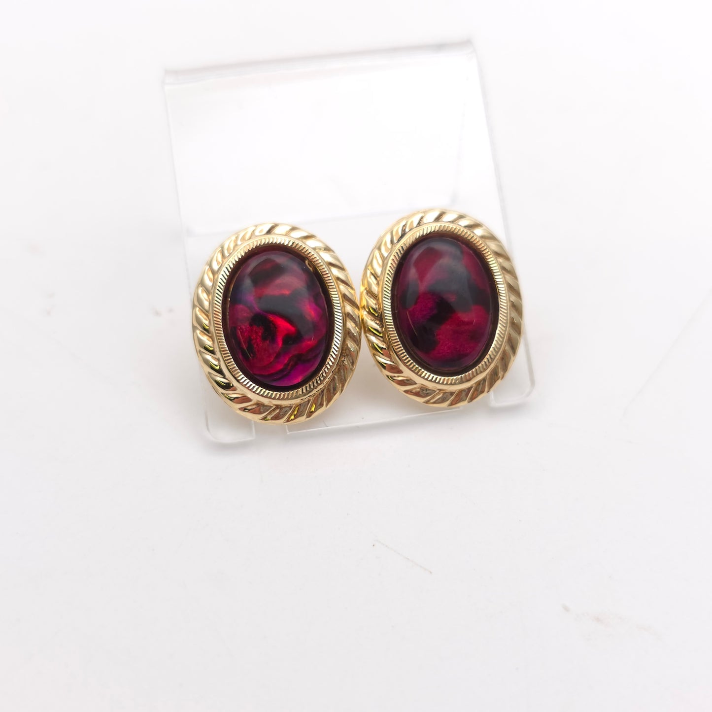 9ct Yellow Gold Vintage Large Oval Pink Dyed Resin Capped Abalone Stud Earrings