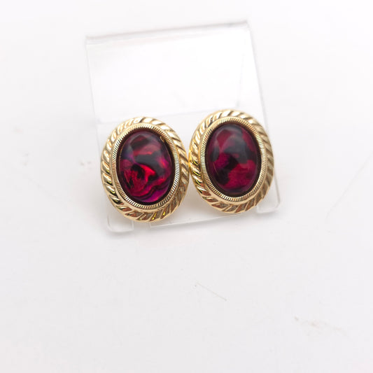 9ct Yellow Gold Vintage Large Oval Pink Dyed Resin Capped Abalone Stud Earrings