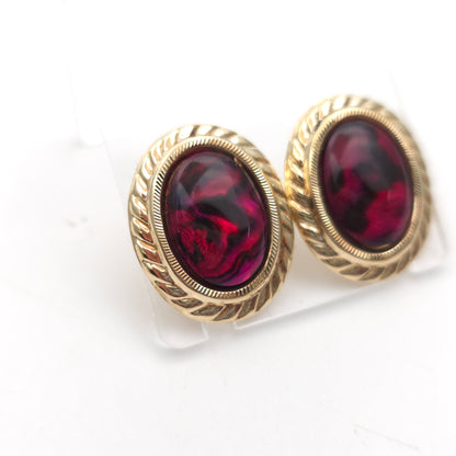 9ct Yellow Gold Vintage Large Oval Pink Dyed Resin Capped Abalone Stud Earrings