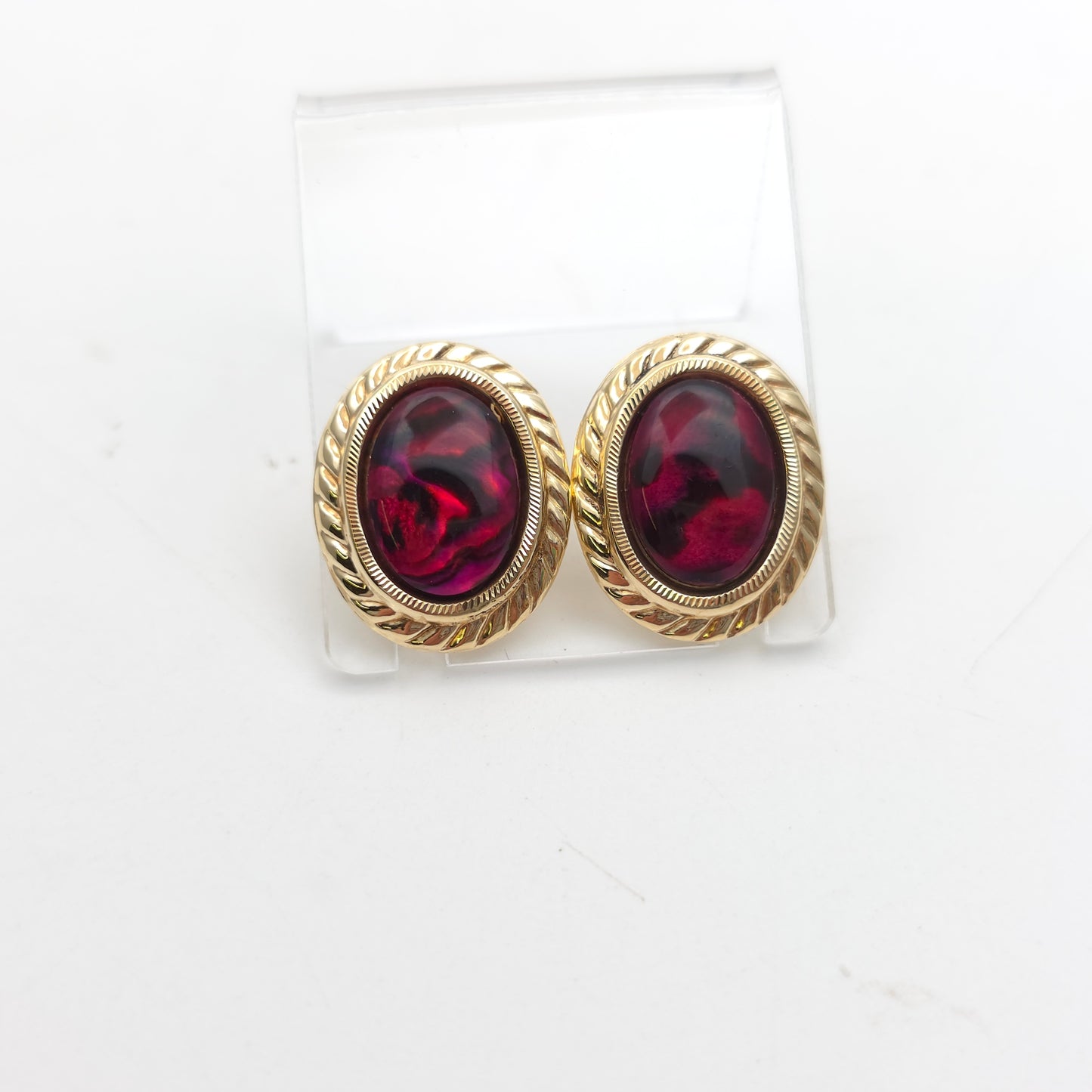9ct Yellow Gold Vintage Large Oval Pink Dyed Resin Capped Abalone Stud Earrings