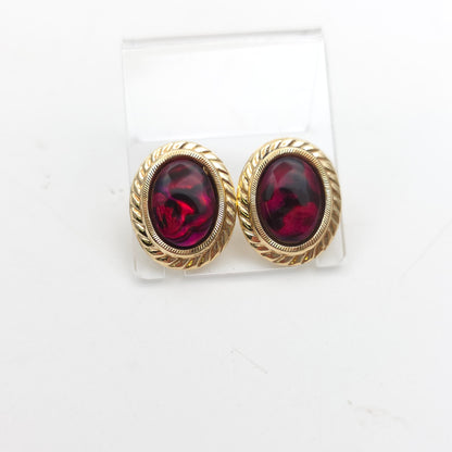 9ct Yellow Gold Vintage Large Oval Pink Dyed Resin Capped Abalone Stud Earrings