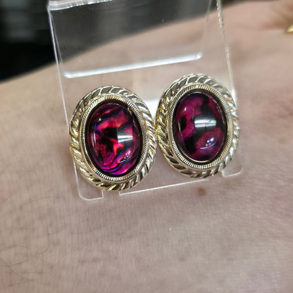 9ct Yellow Gold Vintage Large Oval Pink Dyed Resin Capped Abalone Stud Earrings