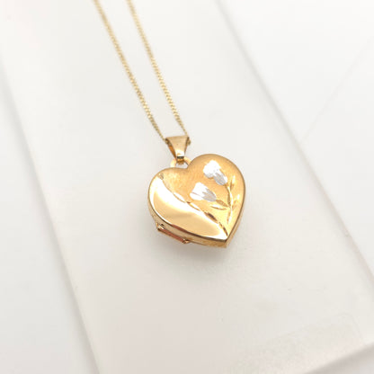 9ct Yellow Gold Vintage Floral Patterned Heart Shaped Locket Pendant Necklace