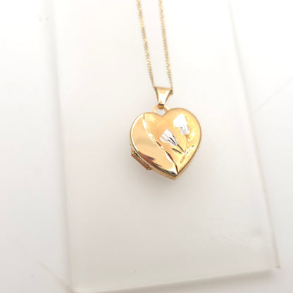 9ct Yellow Gold Vintage Floral Patterned Heart Shaped Locket Pendant Necklace