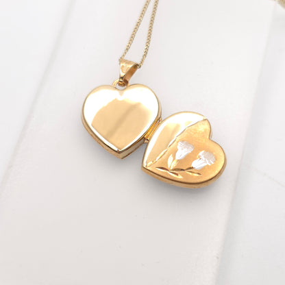 9ct Yellow Gold Vintage Floral Patterned Heart Shaped Locket Pendant Necklace