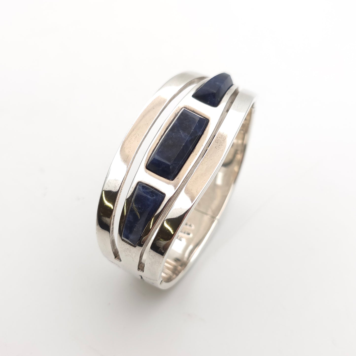 Sterling Silver Mexican Vintage Chunky Heavyweight Sodalite Cut Out Bangle