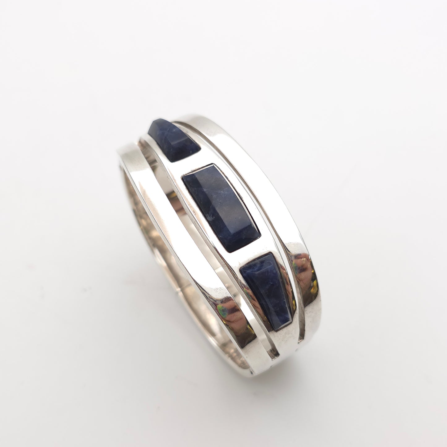 Sterling Silver Mexican Vintage Chunky Heavyweight Sodalite Cut Out Bangle