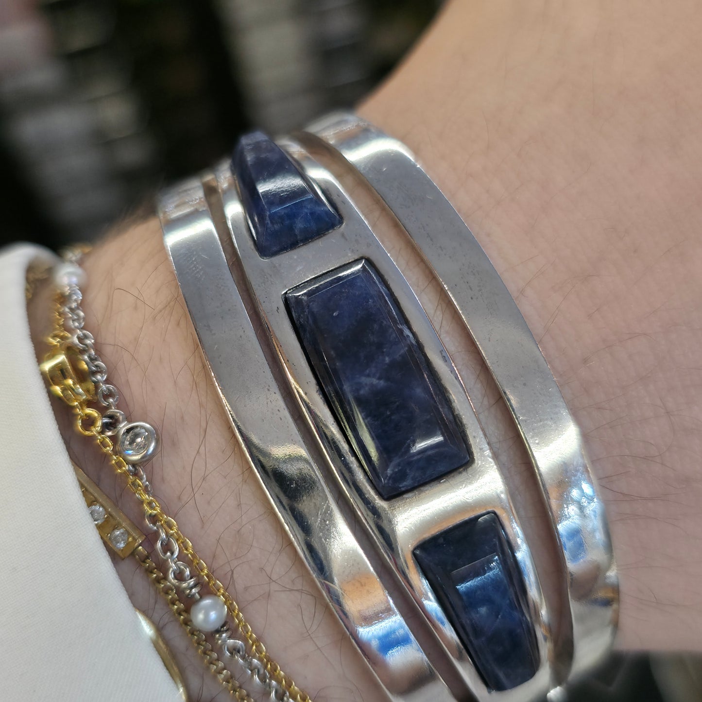 Sterling Silver Mexican Vintage Chunky Heavyweight Sodalite Cut Out Bangle