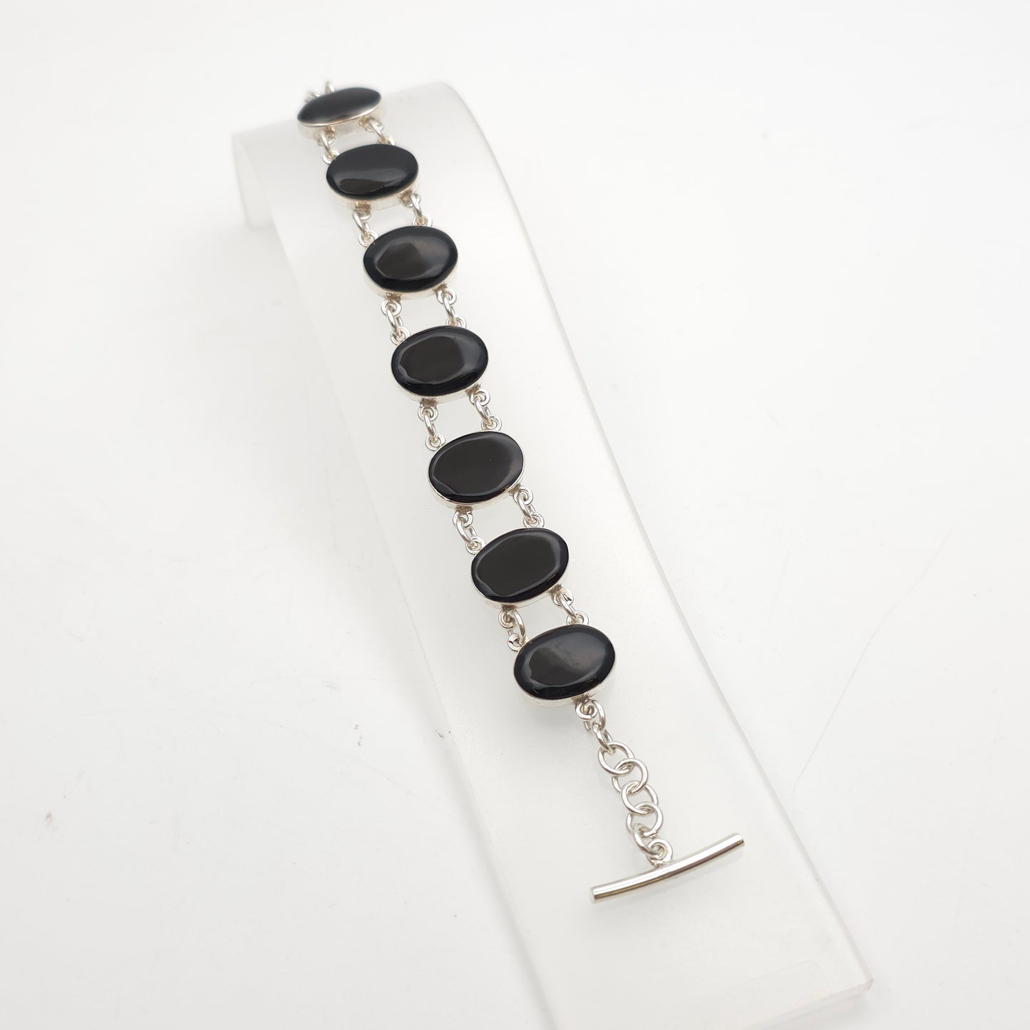 Sterling Silver Modern Oval Cabochon Whitby Jet Chain Link Bracelet With T-bar
