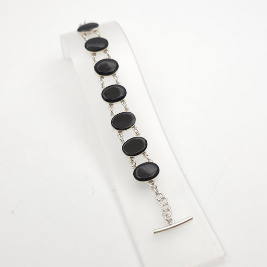 Sterling Silver Modern Oval Cabochon Whitby Jet Chain Link Bracelet With T-bar