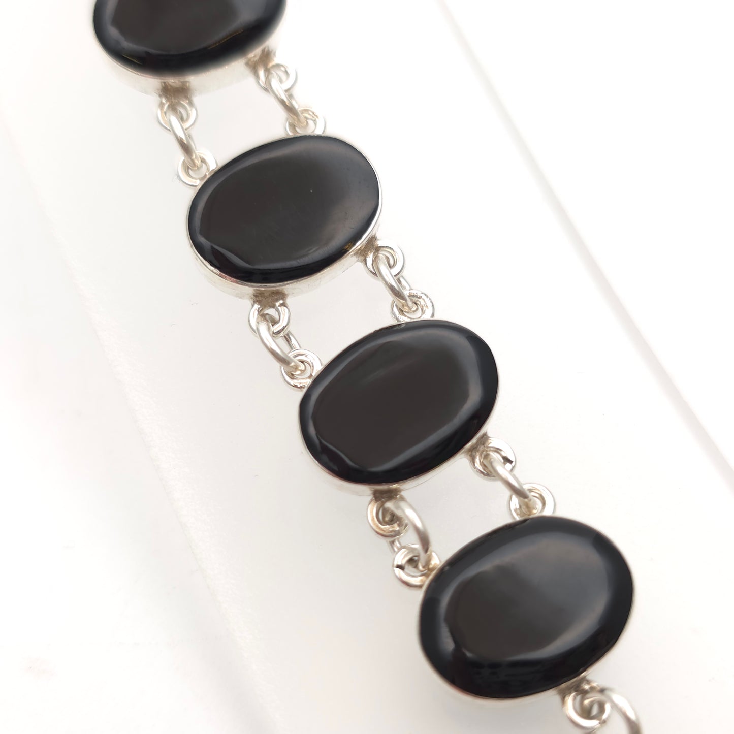 Sterling Silver Modern Oval Cabochon Whitby Jet Chain Link Bracelet With T-bar