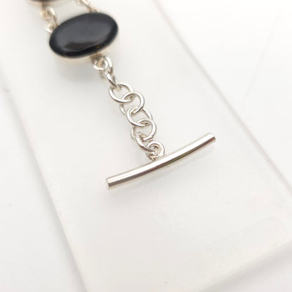 Sterling Silver Modern Oval Cabochon Whitby Jet Chain Link Bracelet With T-bar